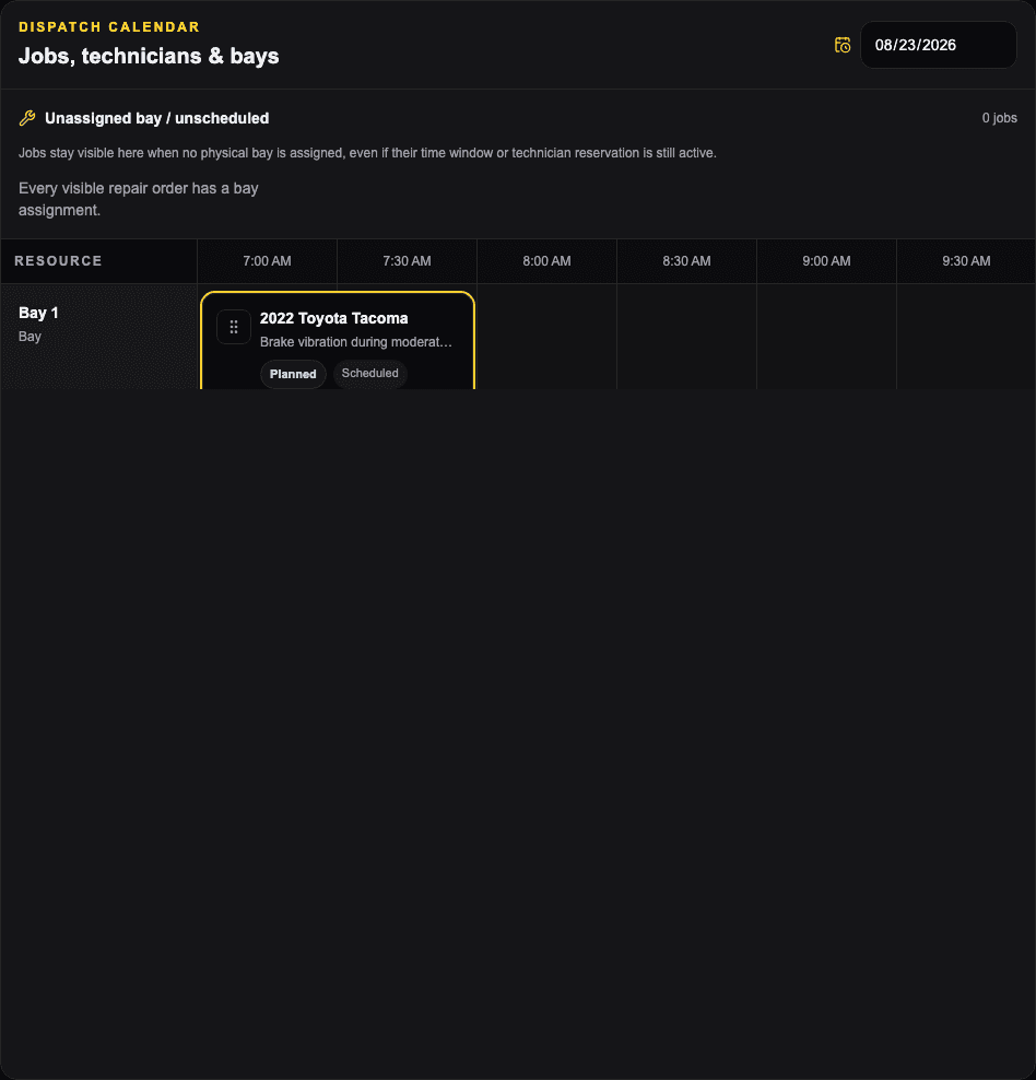 BayOps Bay Board showing a repair order scheduled to a service bay with technician context using non-customer demo data