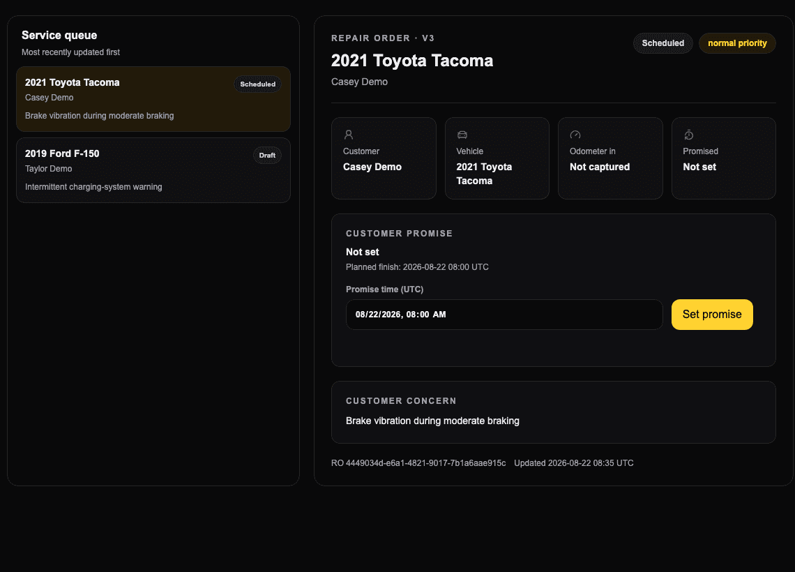 BayOps repair-order screen using sanitized non-customer demo data