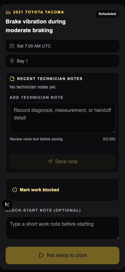 BayOps technician work view using sanitized demo data